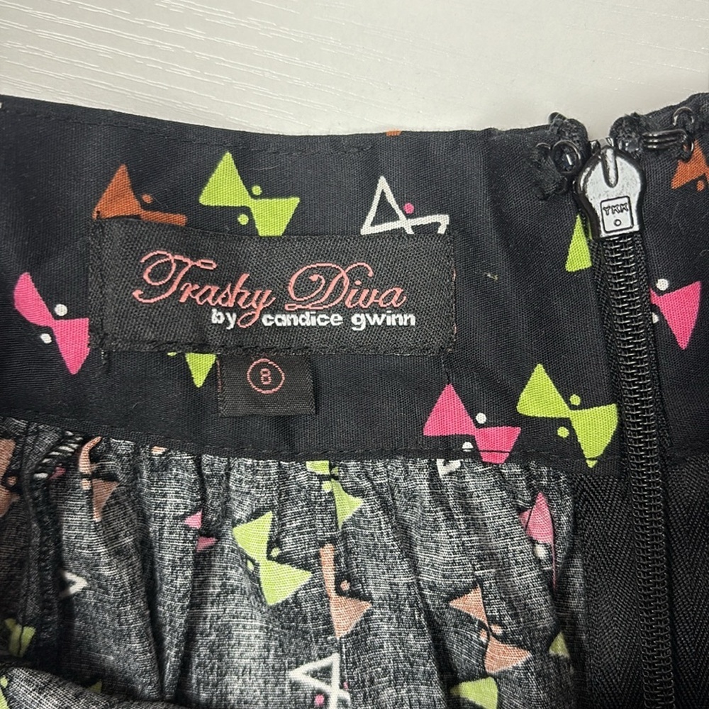 Trashy Diva Bow Graphic '50s Pleated A-Line Skirt Novelty Print Preppy Black 8 - Picture 6 of 8